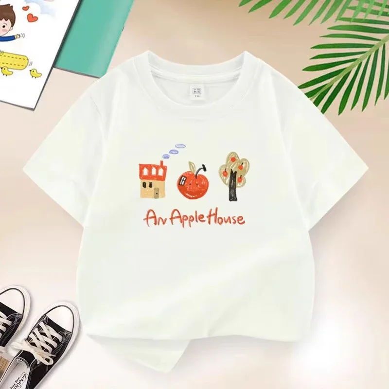 Hand Drawn An Apple House House Apple Tree Print Kids Short Sleeve T Shirt Boys Girls Casual Crew Neck Summer Daily Tops