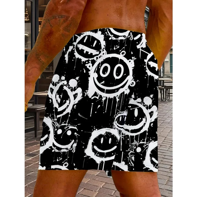Fashion Black White Letter Graphic Print Shorts Hawaiian Beach Shorts For Man Summer Men's Swimsuit Elastic Waist Pocket Shorts