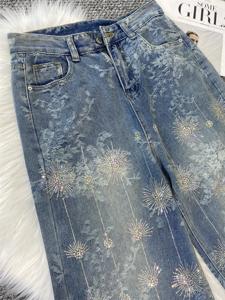 Damskie jeansy na wiosnę i lato z dżetami, szerokie nogawki w stylu high street, luźne spodnie dżinsowe w nowym żakardowym wzorze, amerykański szyk.
