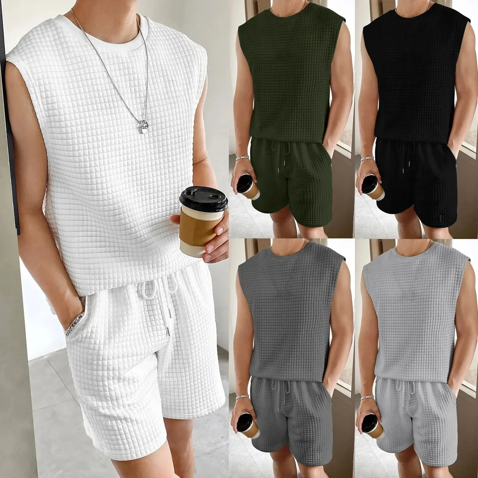 

Summer New Suit Men Sleeveless Vest + Shorts Two Pieces Set Casual Sports Suit Male Fashion Trend Solid Color Jacquard Outfits