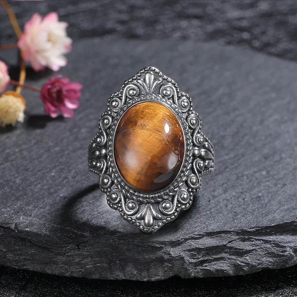 Oval Tiger Eye 925 Sterling Silver Natural Stone Ring Engagement Party Gift for Men Women Retro Jewelry