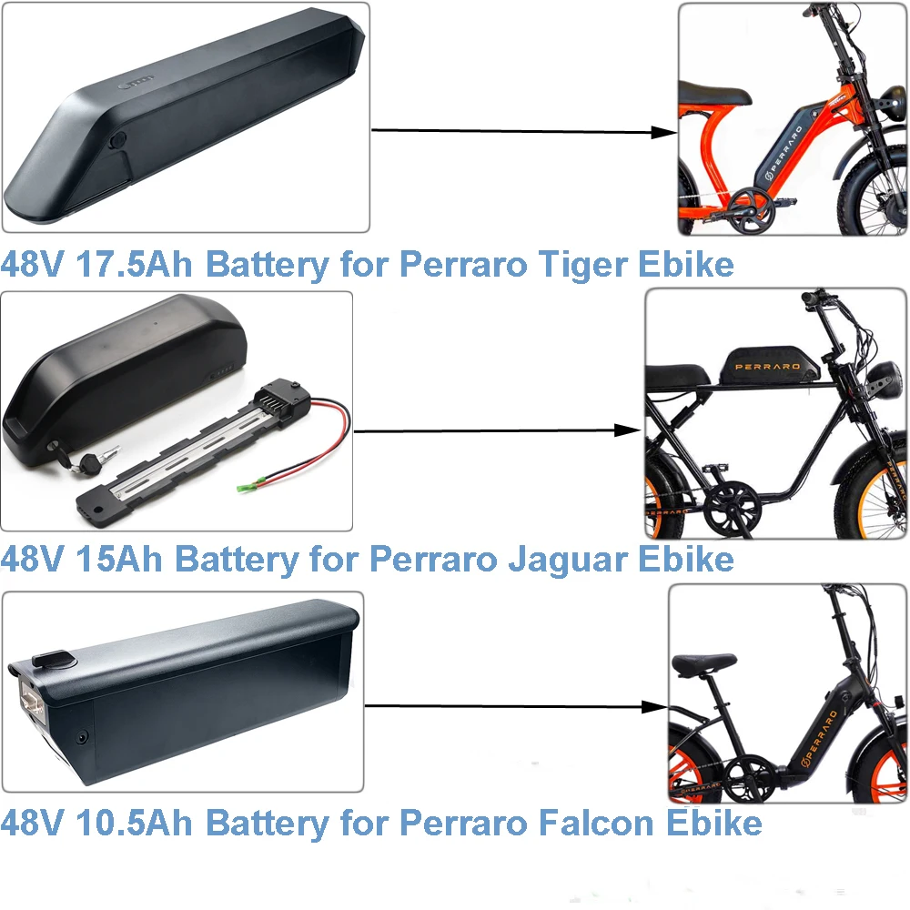 

Removable Ebike Battery 48V 10.5Ah 15Ah 17.5Ah Lithium-ion Battery for Perraro Tiger Jaguar Falcon Electric Bike