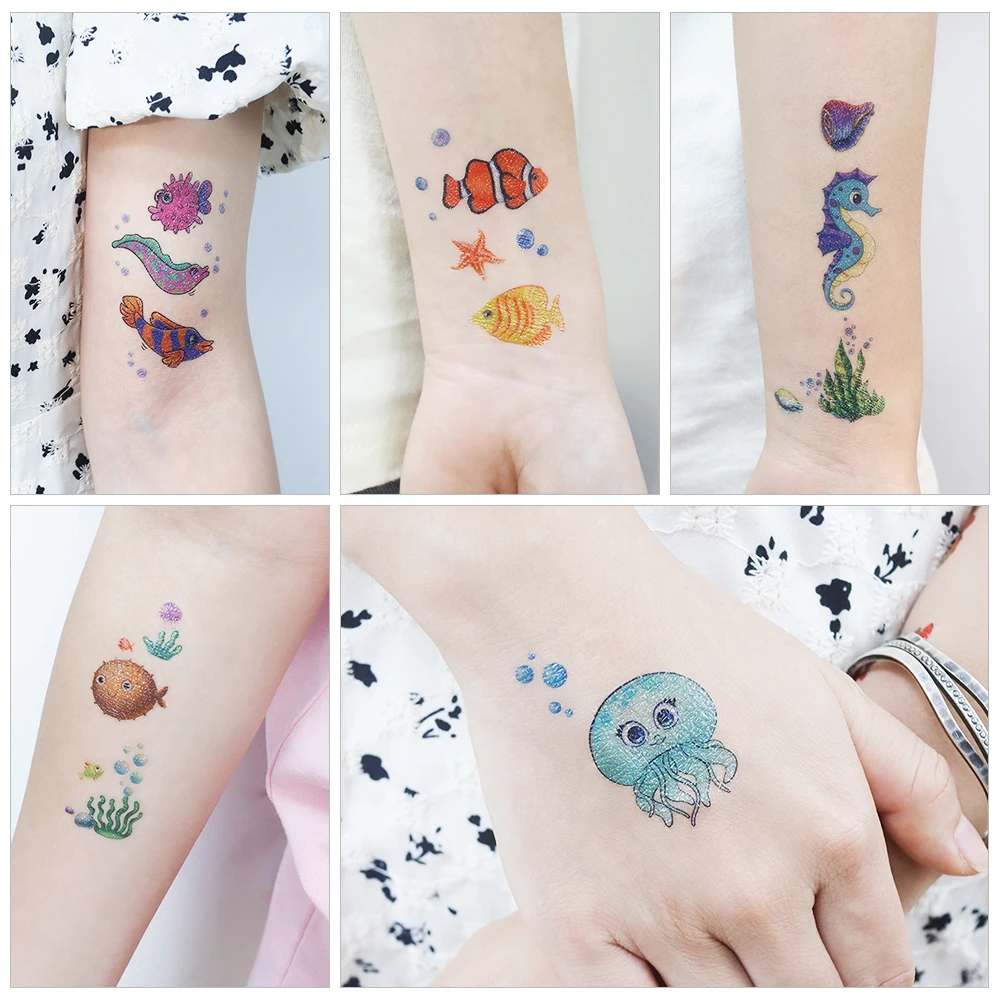 VeeCharm-Tatouages Temporaires Animaux de l'Océan pour Enfants, Étoile de Mer, Méduse, Baby Shower, Cadeaux d'Anniversaire, Remplissage de Sacs, 1/12 Feuilles