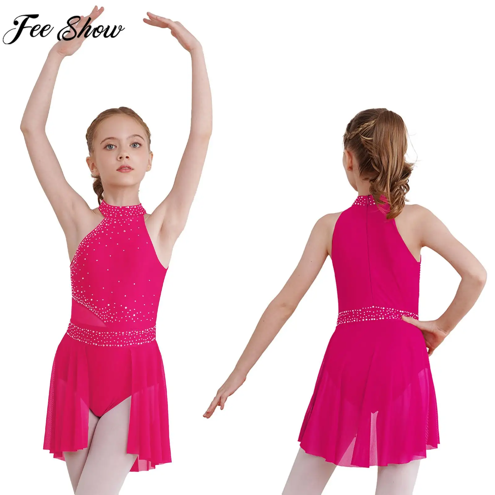 

Kids Girls Modern Lyrical Dance Leotard Dress Sleeveless Shiny Rhinestone Mesh Bodysuit for Skating Ballet Gymnastics Acrobatics