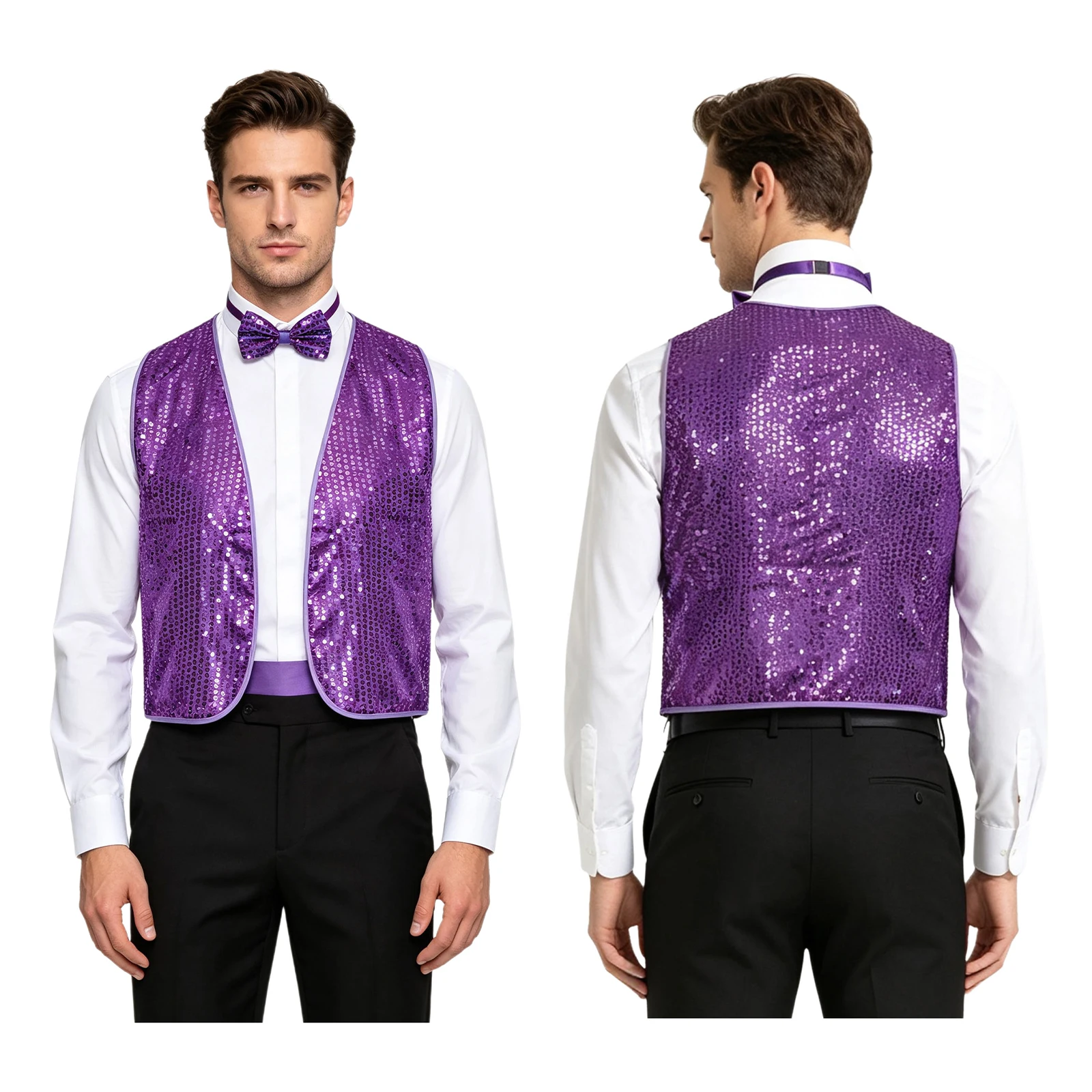 Men Women Shiny Sequin Jazz Dance Choir Vest Waistcoat with Bow-tie Halloween Christmas Party Wedding Evening Host Costume