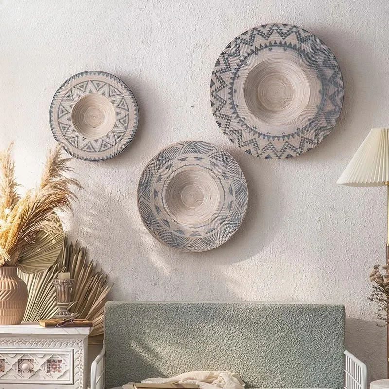Hand Painted Bamboo Weaving Wall Art Disc Antique Style Home Decor for Living Room Sofa Background Unique Circular Hanging
