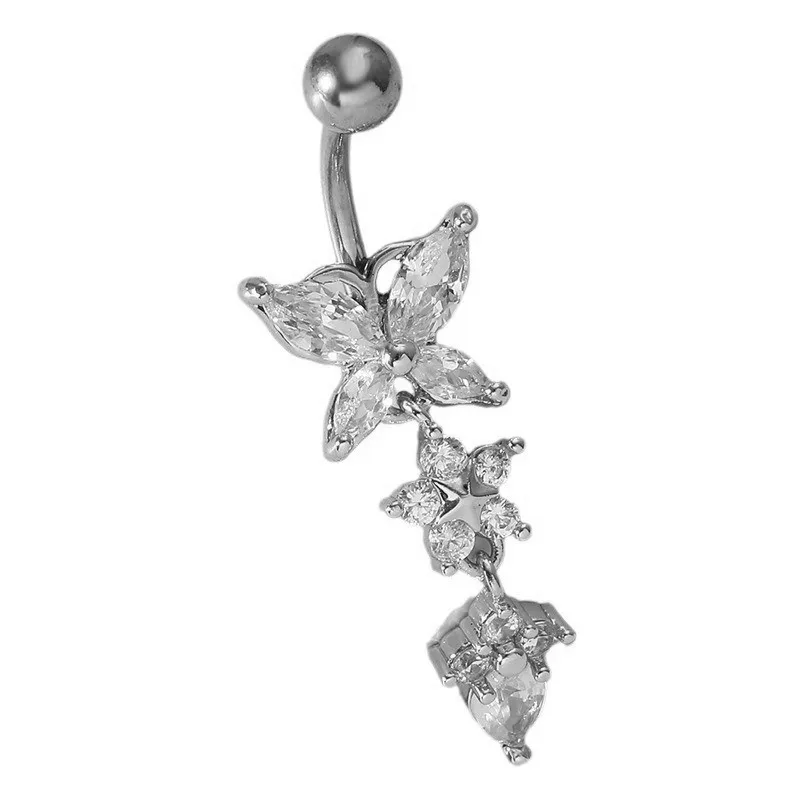 1PC Women Fashion Stainless Steel Piercing Crystal Butterfly Heart Belly Navel Ring Dangle Personality Body Jewelry Accessories