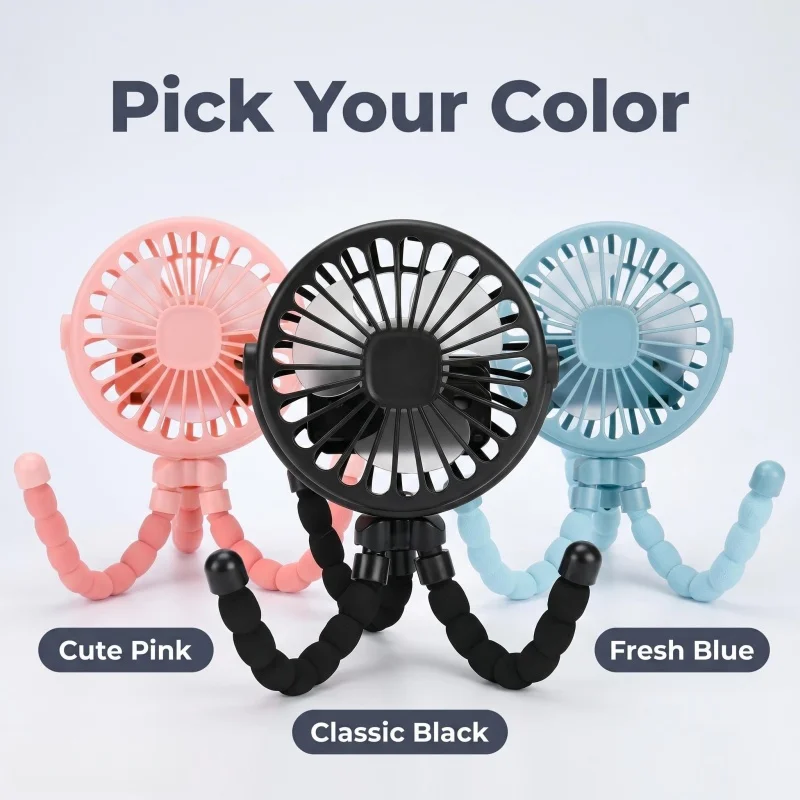 

Octopus Shaped Stroller Fan, USB Rechargeable Quiet Mini Fan with LED Night Light, 3 Speed & Angle Adjustable, Foldable Flexible Handheld Desk Fan for Baby Travel Outdoor