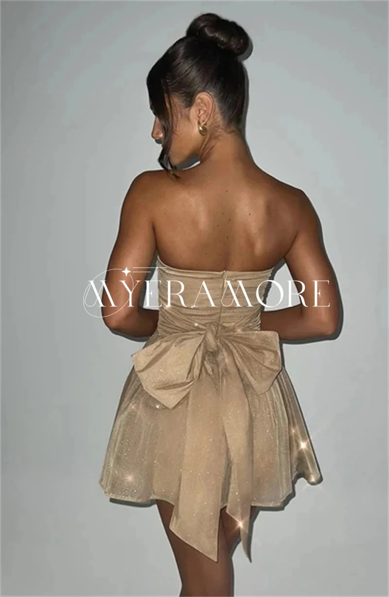 Abiti corti da ritorno a casa lucidi senza spalline per adolescenti Cinghie con fiocco Abiti da ballo a trapezio Occasioni formali Personalizzate فستانmavera