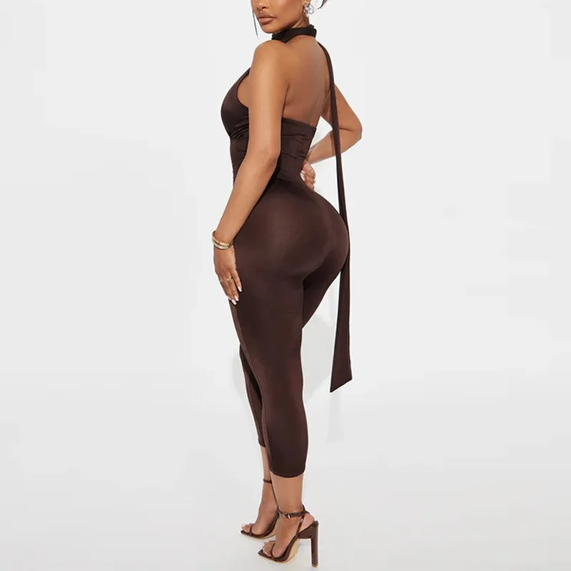 Macacão fino para mulher roupas femininas temperamento sexy bodycon cor sólida halter pescoço sem costas sem mangas pingente