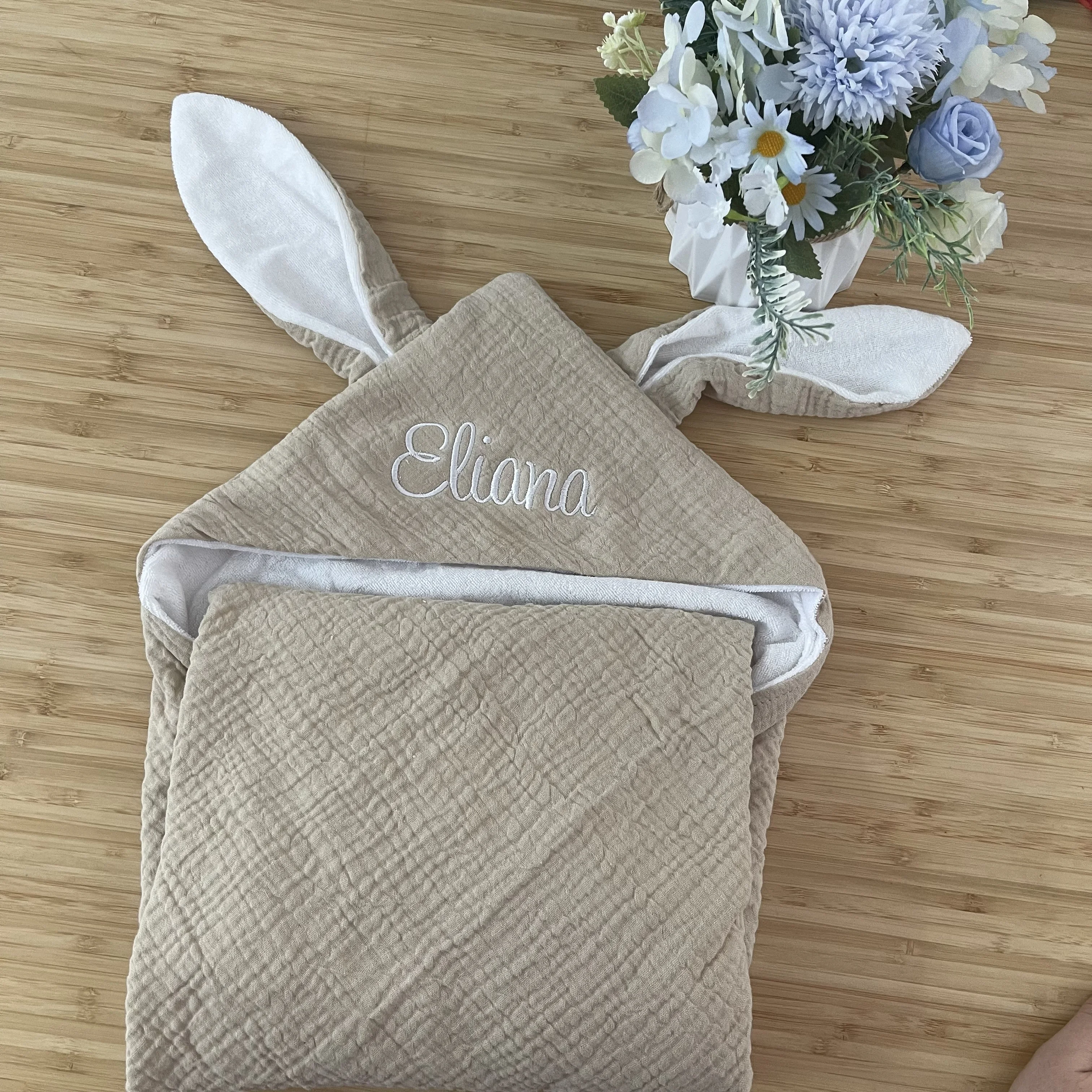 Personalized Name Baby Bath Towel Pure Cotton Double Layer Gauze Baby Cloak Rabbit Ear Towel Boys and Girls' Hooded Bathrobe