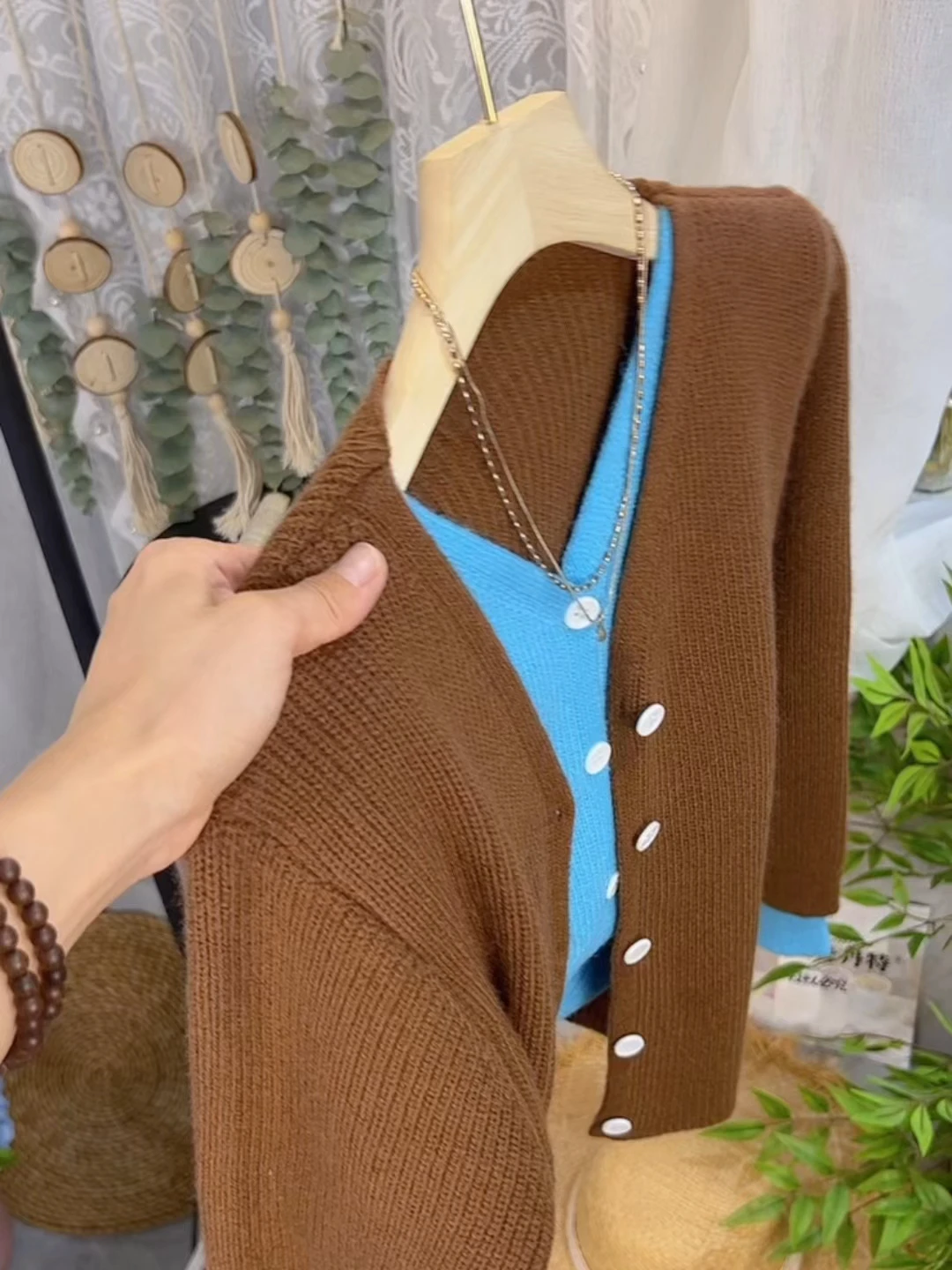 

Модный цветной вязаный свитер, пальто, женское свободное пальто с V-Ne Long Sve, осенне-зимняя верхняя одежда, искусственный дизайн из двух предметов