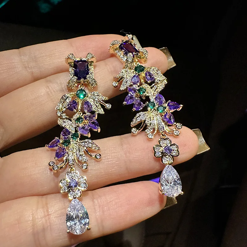 

Women Purple Branch Flower Earrings Vintage Full Diamond Dress Accessories Leaves