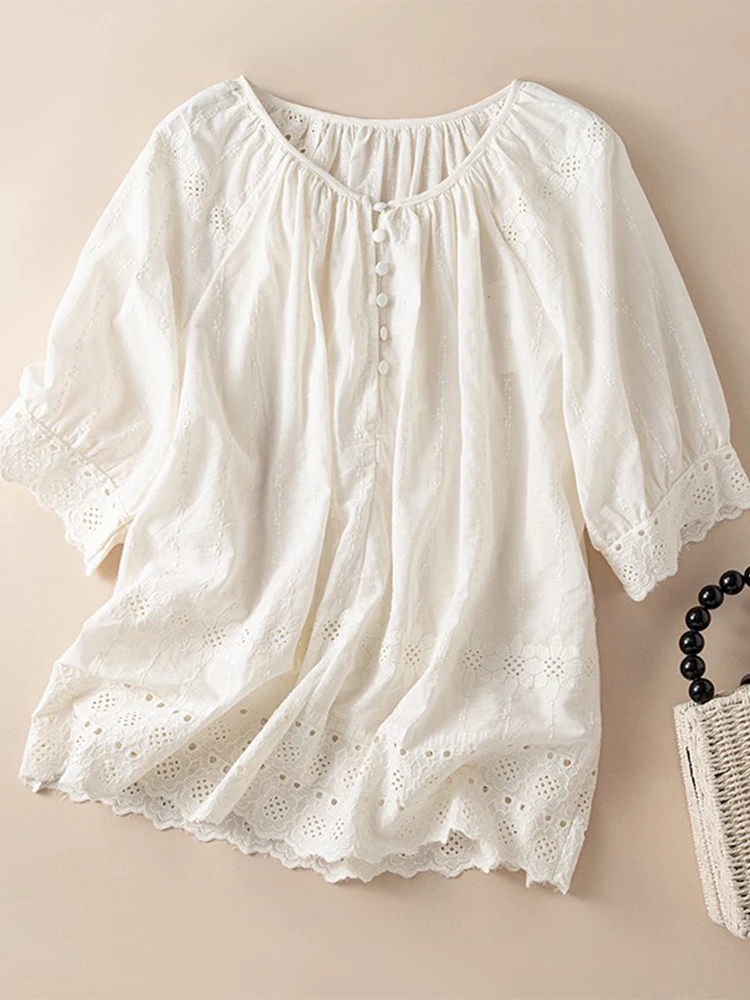 Sweet Doll irt Women's Summer Loose Faion Lace Trim Hollow Embroidery round Ne ort Sve Blouse Retro Commute Sle