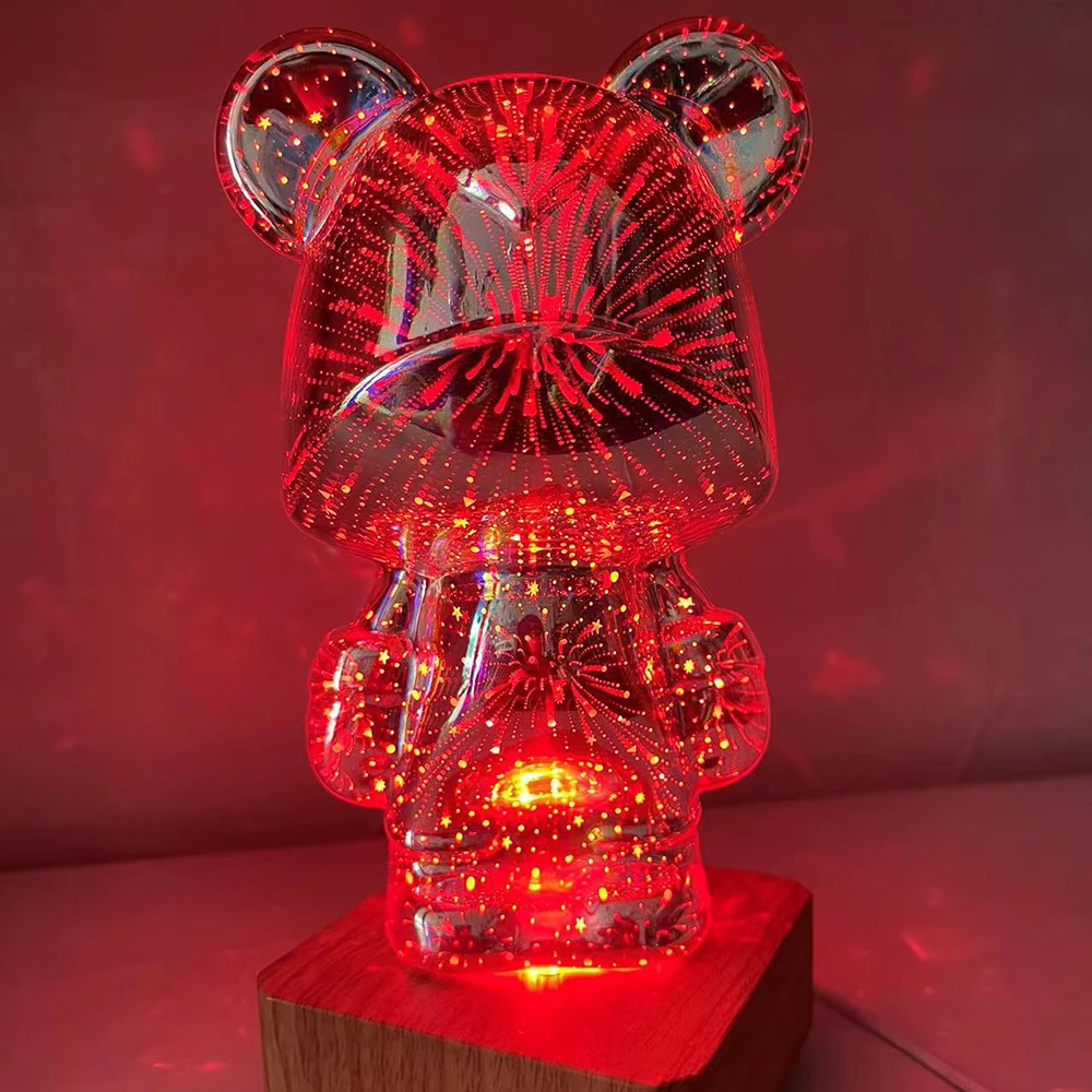 Creative LED Night Light 3D Glass Cute Bear Fireworks Lamps Bedroom Decoration Atmosphere Lamp Bedside Table Light