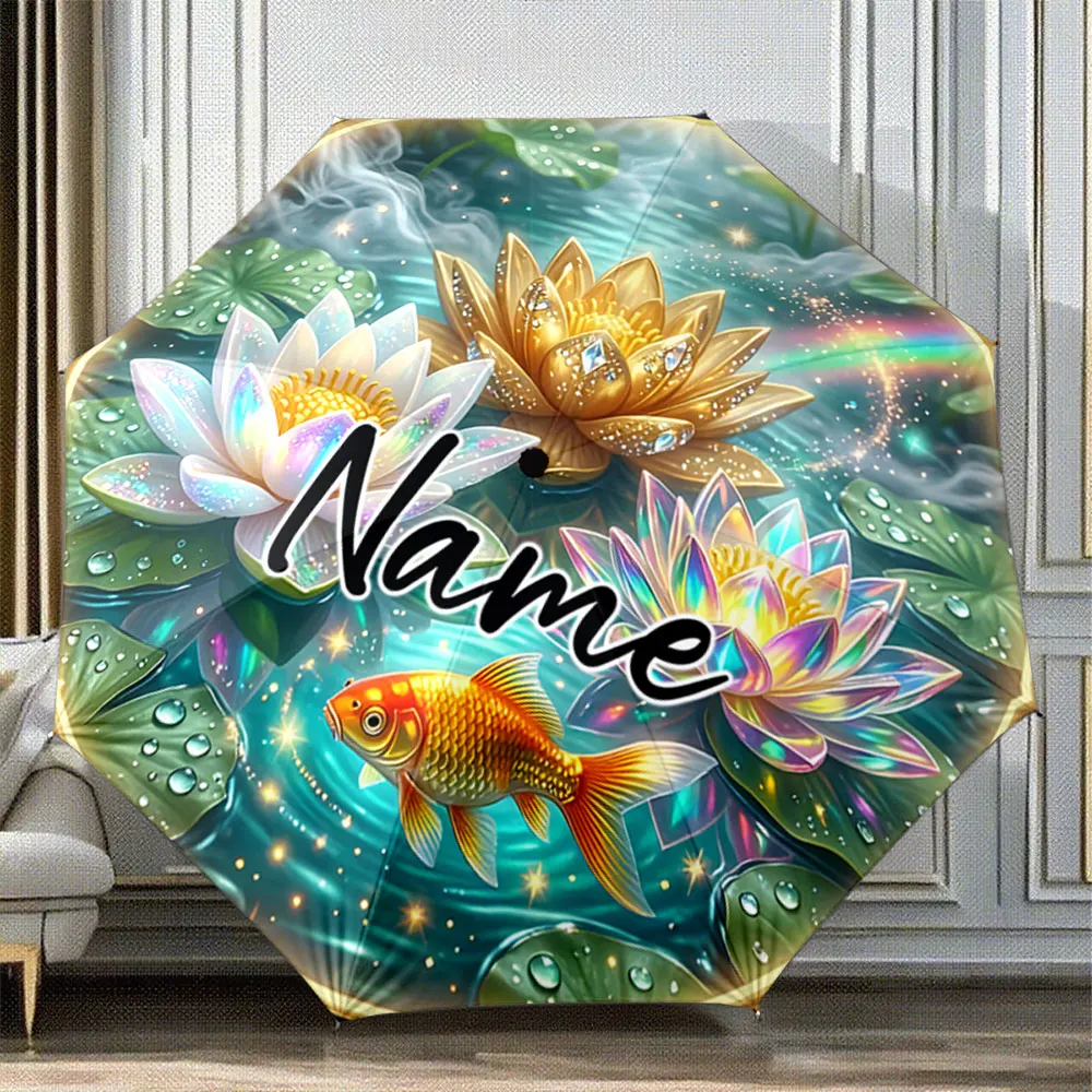 Custom Name Umbrella Koi Fish and Rainbow Lotus Water Ripple Art 8 Iron Ribs Folding Umbrella Auto-Open Fashion Sunshade