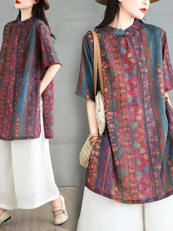 Atasan Wanita Model Longgar Bahan Campuran Linen Katun, Panjang Sedang, Motif Bunga Vintage Musim Panas, Kancing Depan, Model Pear aped Body pe