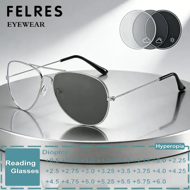 Metal Pilot Photochromic Reading Glasses Men Women Trendy Finished Prescription Optical Presbyopia Eyewear Single Focus Readers