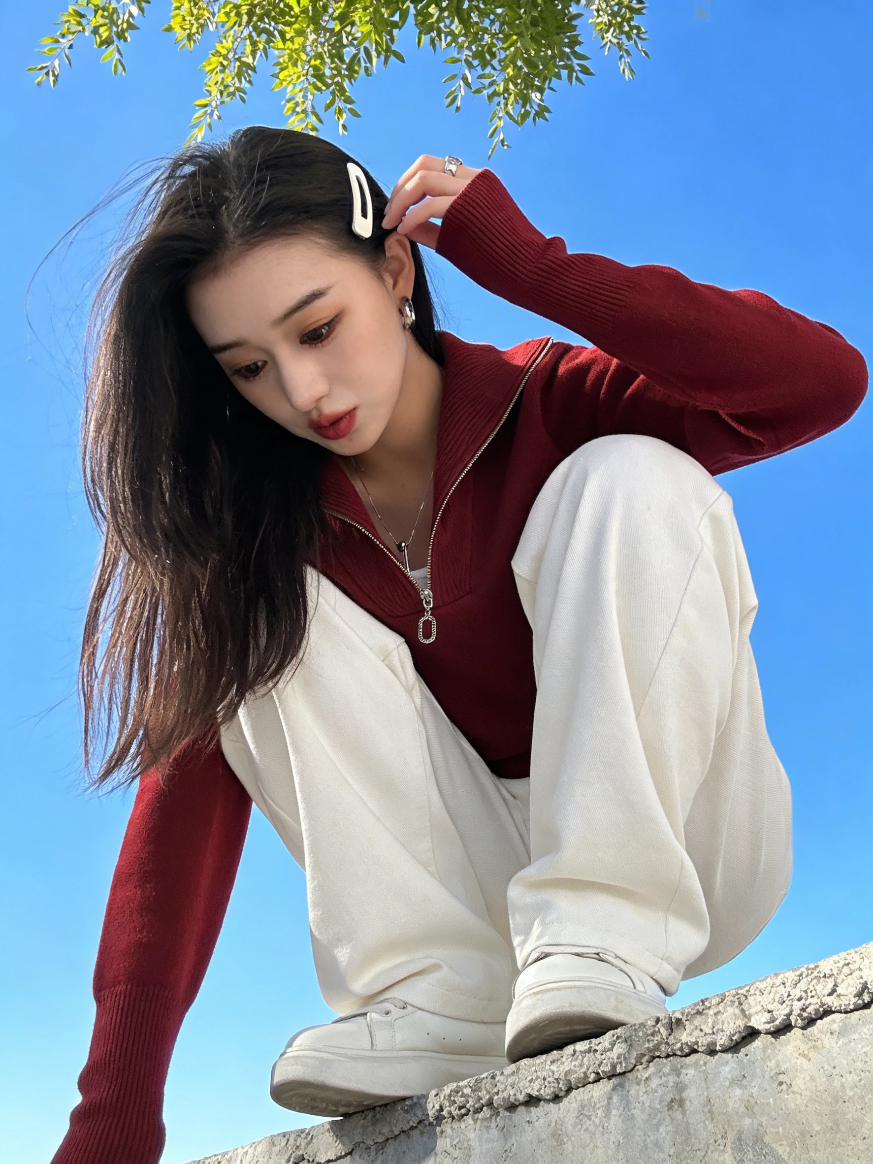 

Loose Long Sve Women's Knitted Sweater f Zip Pure Color Korean Sle Autumn Winter New Faion V Ne Pullover Top