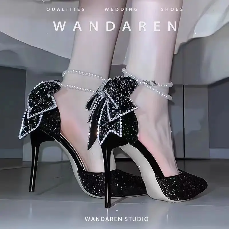 

Stylish Wedding Banquet High Heels Women's Shoes Luxury Zapatos De Mujer Thin Heel Bow Full of Diamonds Mary Jane Shoes