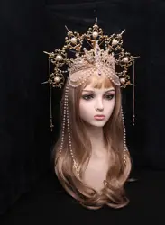 Faros de corona de Halo dorado, diadema de boda Bohemia, Met gala, corona gótica con cadena, corona con pinchos, corona de rayos de sol, corona de pelo Sunburst