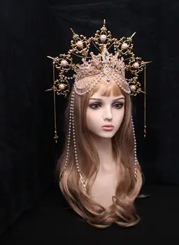 Phares couronne Halo dorés, bandeau de mariage Boho, couronne gothique de gala avec chaîne à pointes, couronne de rayons solaires, couronne de cheveux Sunburst