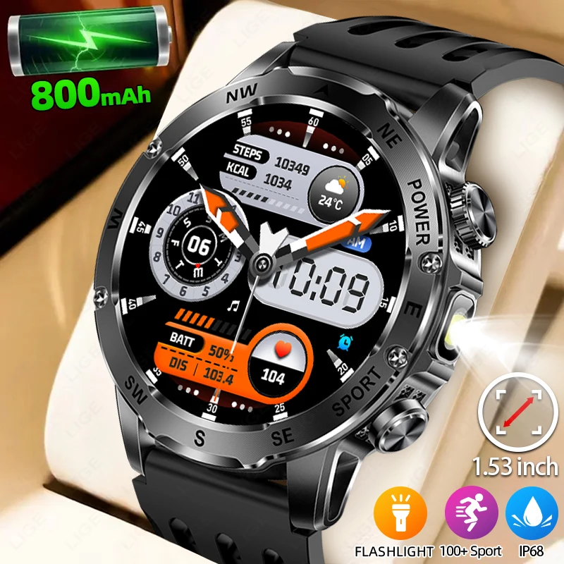 

LIGE уличные умные часы мужские светодиодный фонарик 800 мАч большой аккумулятор компас часы водонепроницаемые Bluetooth вызов здоровье умные часы мужские