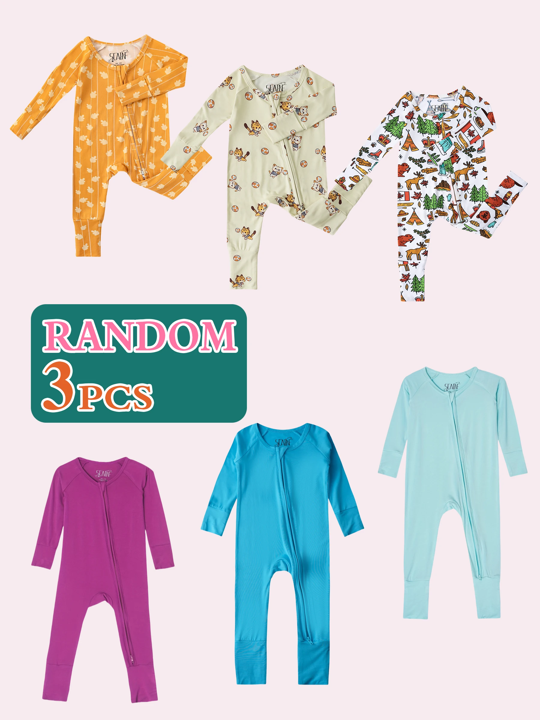 

Three-piece fashion baby romper set, featuring a randomly selected bamboo fibre romper, suitable for ages 0-24 months.