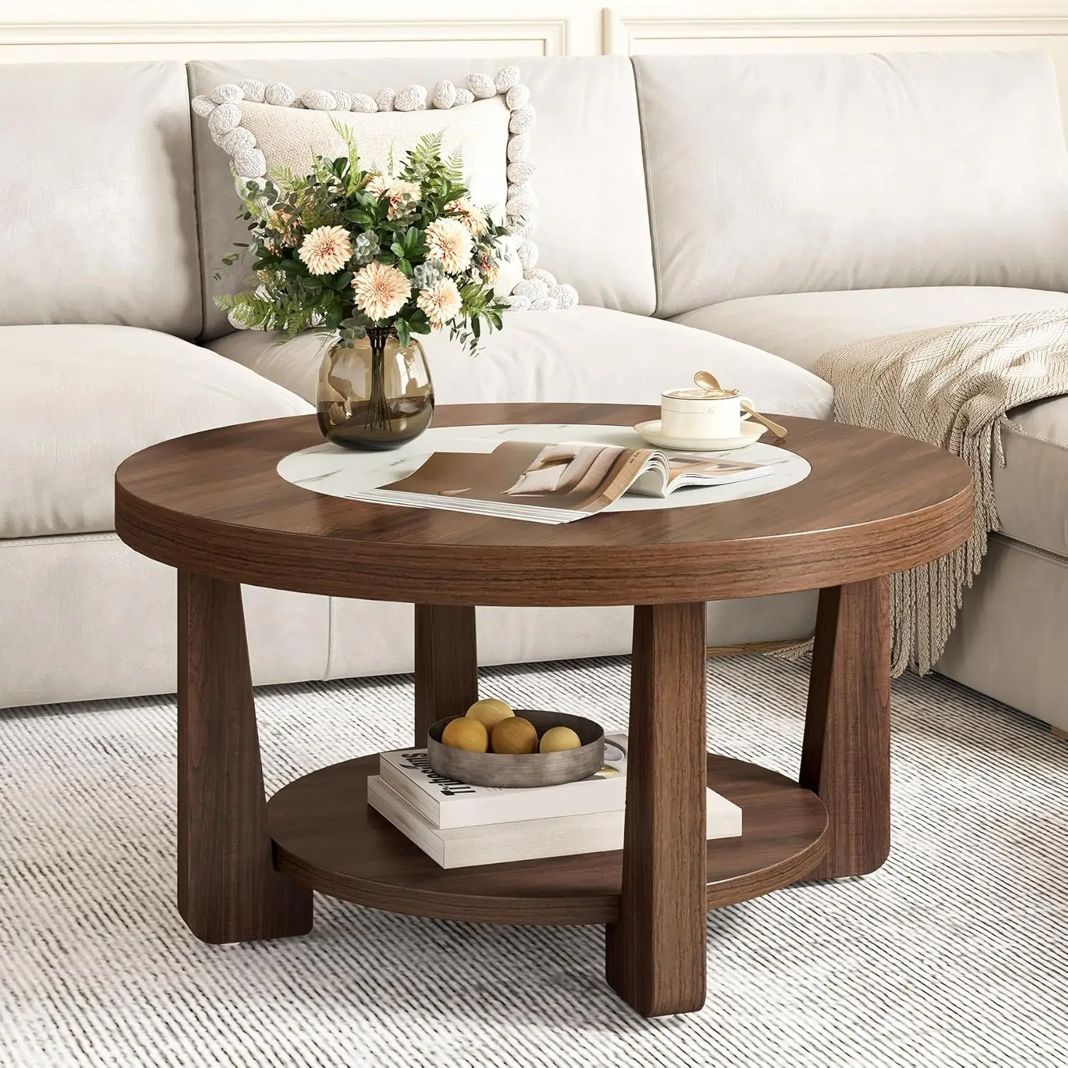 

Modern Round Coffee Table, 2-Tier Wood Coffee Table with Storage, Marble-Like Tabletop for Living Room, Simple, Customized