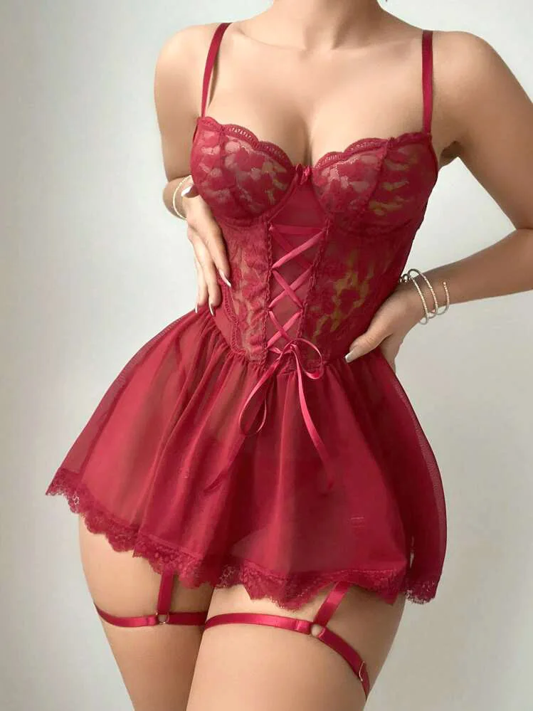 

Garter Pajamas Exquisite Hot Women's Lingerie Fancy Bra with Thong Leg Rings Nightgowns Plus Size Underwear Sleepwear Set