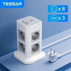 TESSAN Tower Power Strip Multi Outlets with USB, 2M Extension Cable EU Plug Vertical Electric Socket Surge Protection for Home