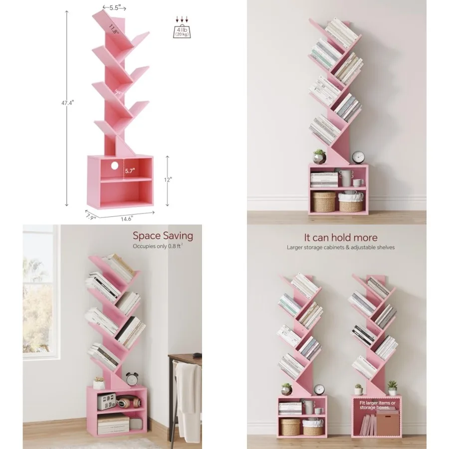 

6 Tier Tree Bookshelf, Small Bookcase with Storage Cabinet, Modern Tall Narrow Bookshelves Organizer, Floor Standing Book Shelf