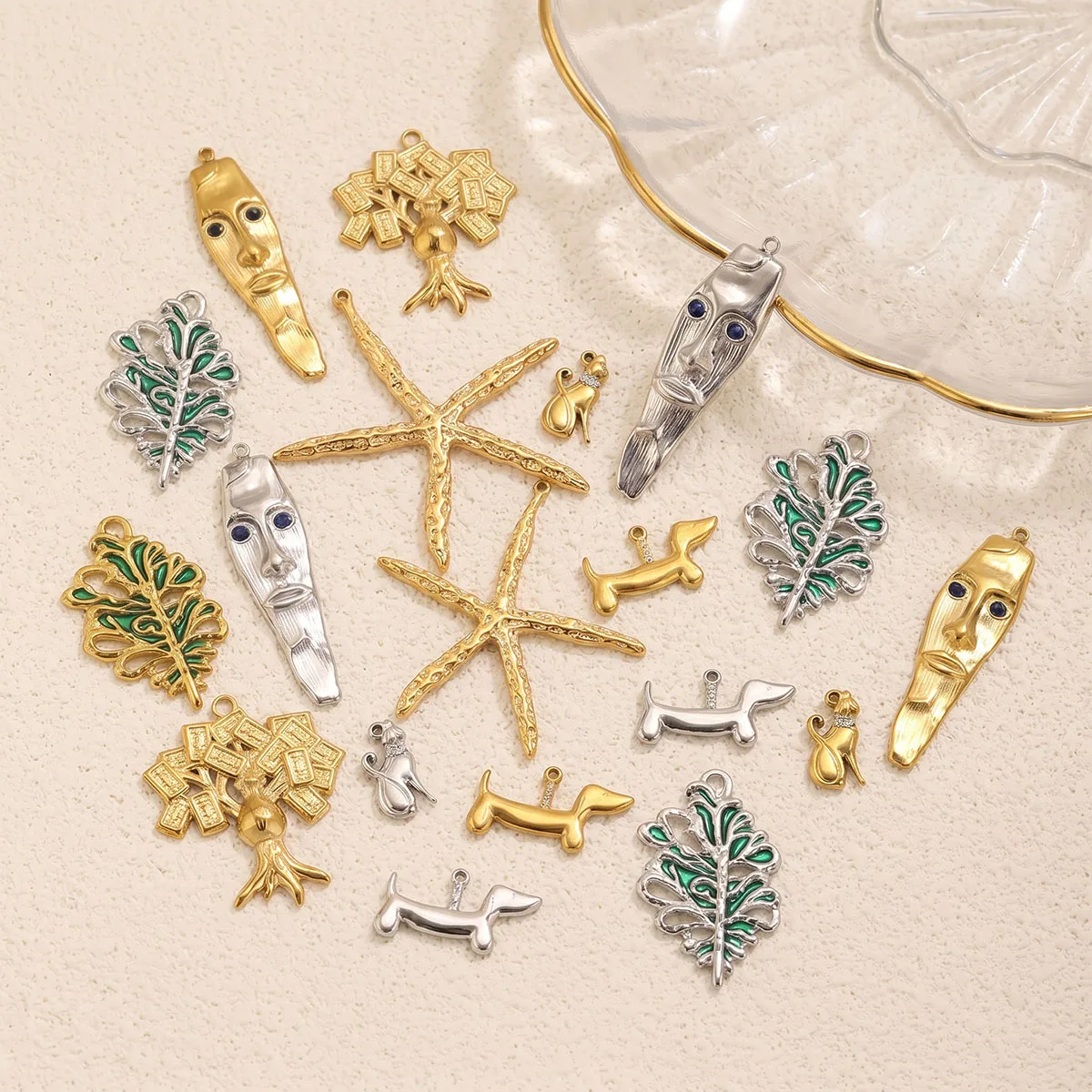 5pc Enamel Face Tree Starfish Charms Stainless Steel Rhinestone Pendants for Necklaces Earrings Handmade DIY Jewelry Accessories