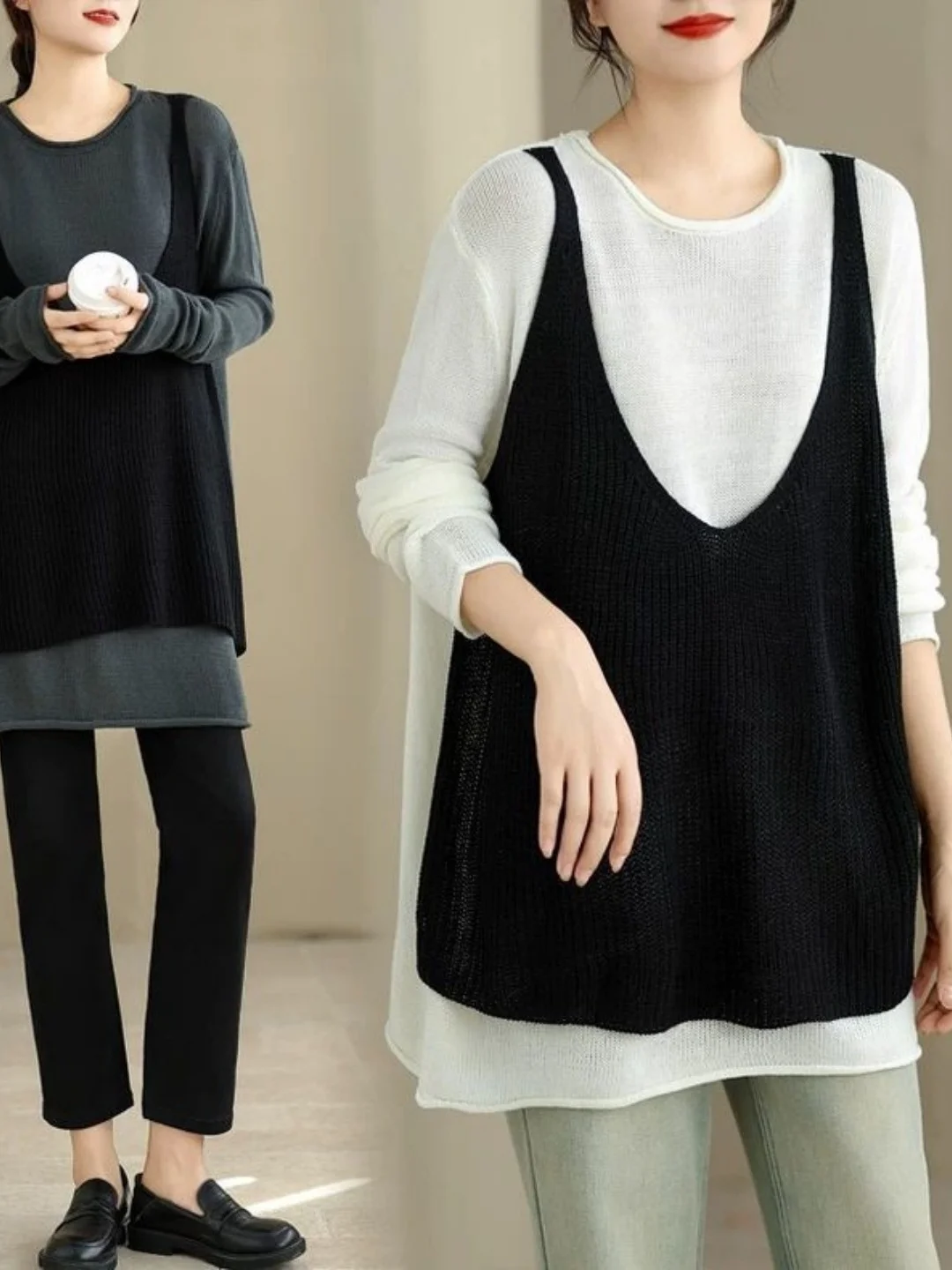 

Retro Sle Color Blo Knitted Sweater with Csole Long Sve Belly Cover plus Size 300 Pou Fake Two-Piece Trendy Top