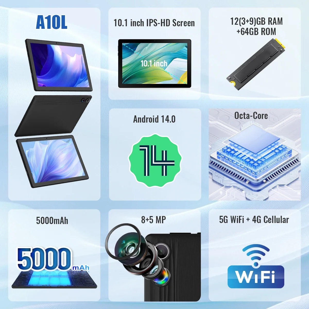 Android14 Tablet 10 Inch 12GB RAM 64GB ROM Expandable 1TB WIFI6 WidevineL1 GMS 5000mAh Stylus Keyboard Mouse Headphones Case Set