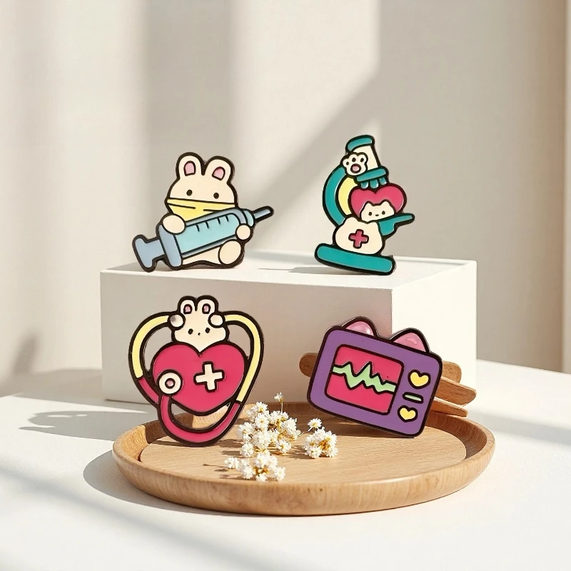 Lovely Medical Theme Metal Brooch Cartoon Bunny Nurse Heart ECG Modeling Enamel Badge Pin for DIY Clothing Bag Hat Scarf T-shirt