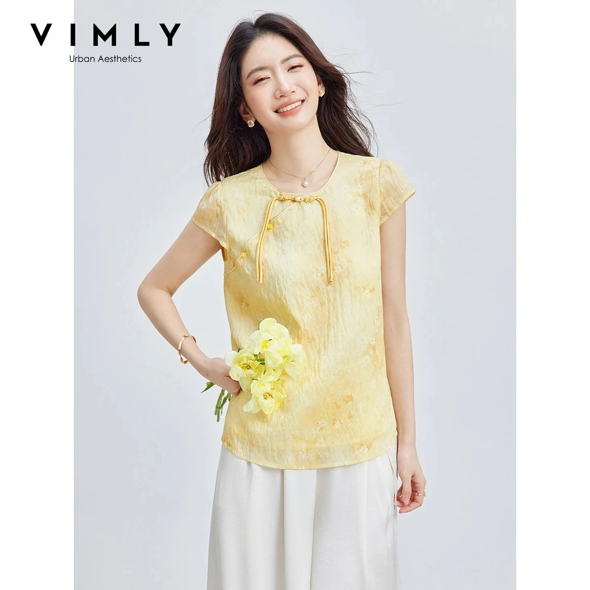 VIMLY Women's New Chinese Style Yellow Shirt Summer 2026 Frog Button Floral Smudged O Neck Blouse Female Elegant Top A5155
