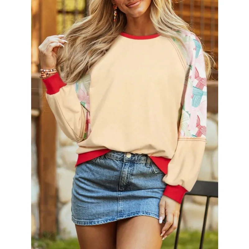 Plus Size 1XL-5XL Women's Fashionable Round Neck Printed Patchwork Casual Long Sleeved Sweatshirt