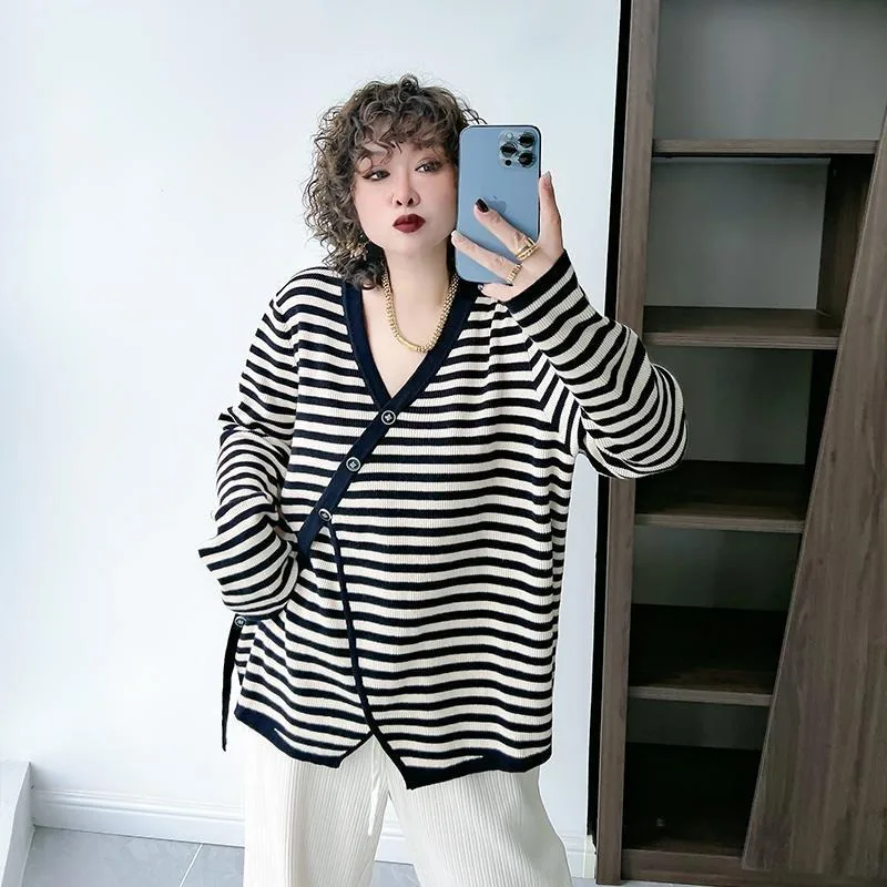 

Striped Sweater Long-sleeved Top T-shirt Contrasting Color Casual Top