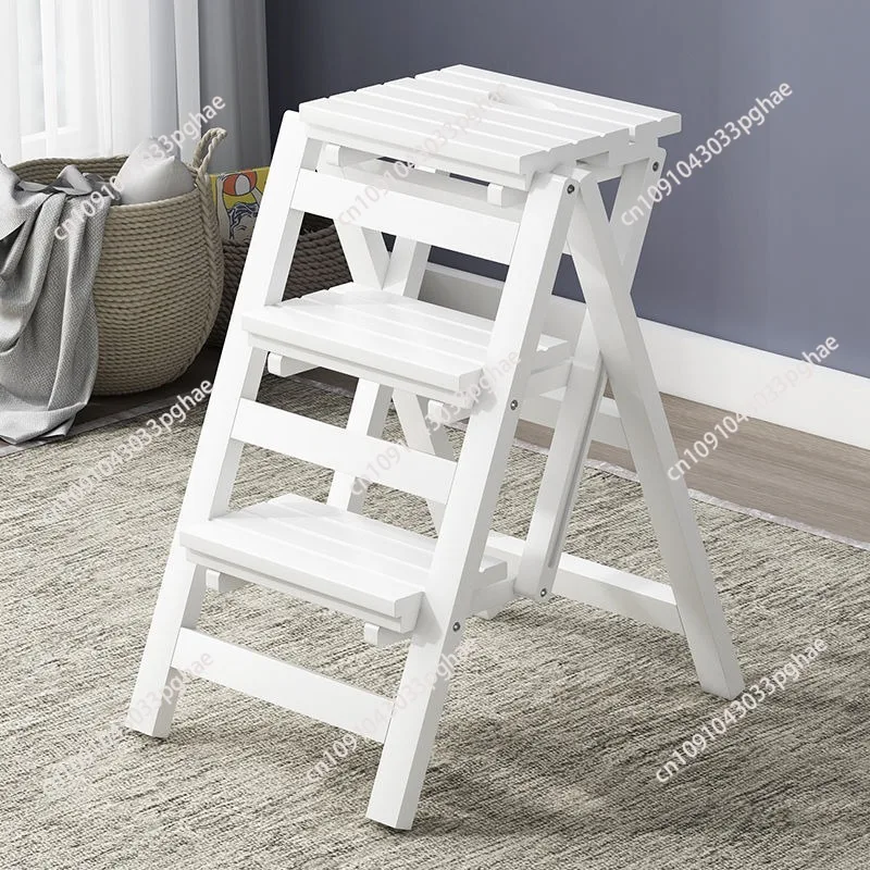 Chair Ladder, 3-Step Ladder Folding Step Stool Ladder Chair, White Pinewood Kitchen Step Stool Counter Chair for Kitchen, Bedroo