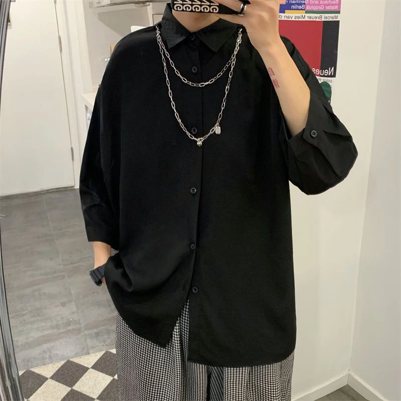 Korean Street Fashion Short Sleeve Men T Shirts With Chain Black White Harajuku Casual All-match Oversized Clothing Hip Hop Punk