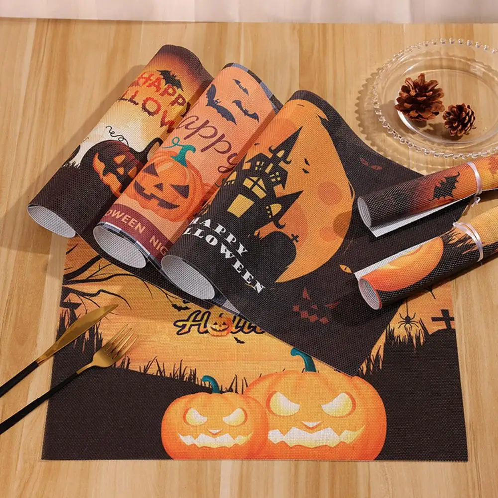 Halloween Pumpkin Placemat Rectangle Heat-Resistant Bowl Coffee Cup Pads Waterproof PVC Dining Table Decoration Mat Party Supply