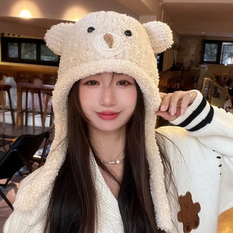 Cartoon Bear Ears Knitted Wool Hat for Girl Korean Version Sweet and Cute Lamb Hair Texture Autumn and Winter Warm J2