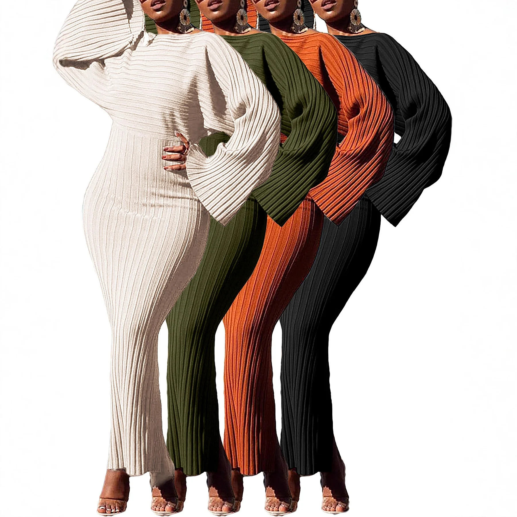 Pure Color Asymmetric Striped Long Sleeve Bodycon Dress Dresses Spring Summer Knitwear Jumpsuit Playsuit