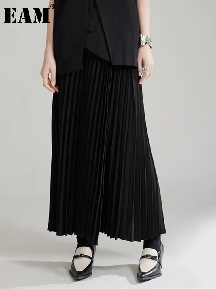 [EAM] High Waist Black Brief Pleated Long Elegant A-line Half-body Skirt Women Fashion Tide New Spring Autumn 2024 1DH8008