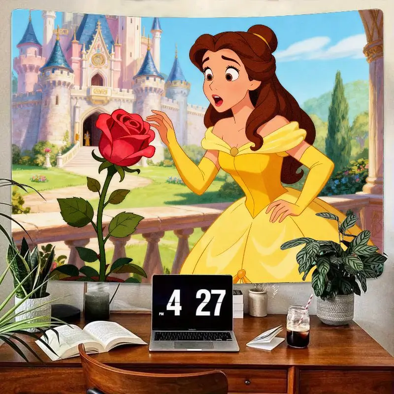 

Гобелен Disney Princess Belle Beauty & the Beast, очаровательное розово-желтое платье, сказочное настенное искусство для декора комнаты для девочек, спальни Gi
