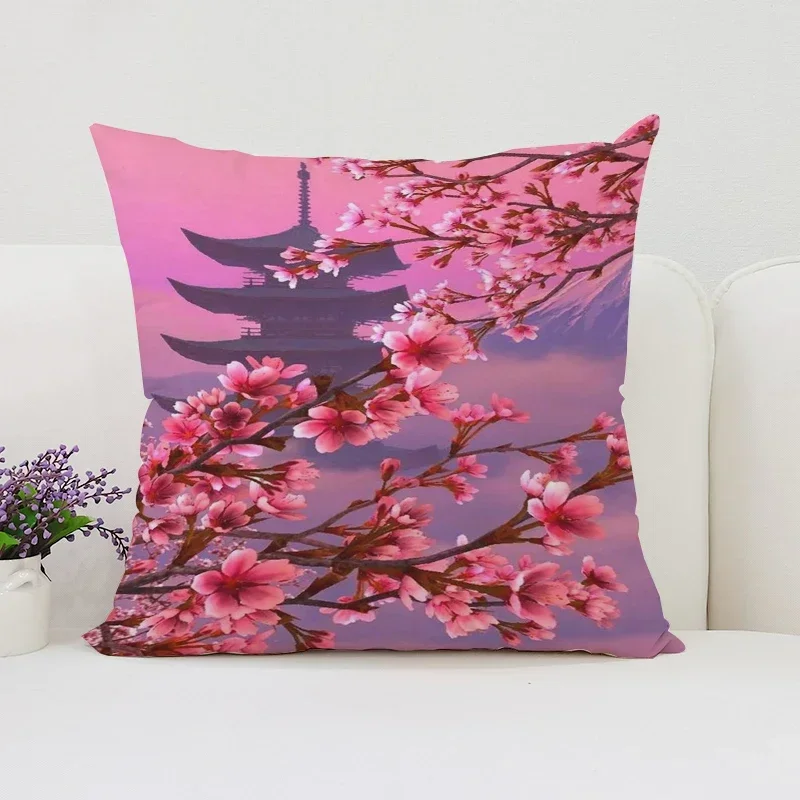 غطاء وسادة رمي زهر الكرز الياباني مع طباعة قطيفة قصيرة لتزيين أريكة غرفة المعيشة وغطاء وسادة