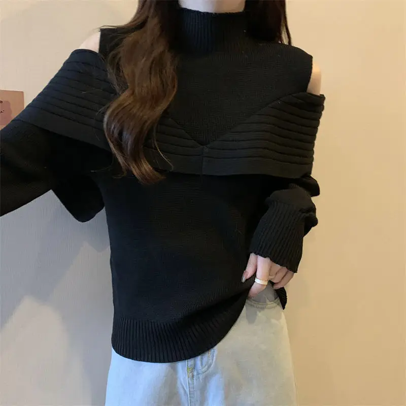2026 Spring Autumn Korean Hollowed Out Black White Casual Sweet Sweater for Women Off-shoulder Top Long-sleeved Knitted Sweater