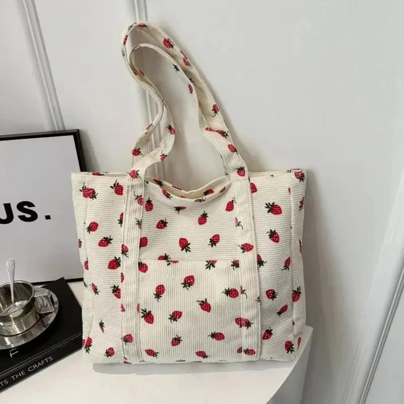 2026 Corduroy Handbag Strawberries Beach Bag Fashionable Versatile Shoulder Bag LargeCapacity Simple Commuter Women's Tote Bag