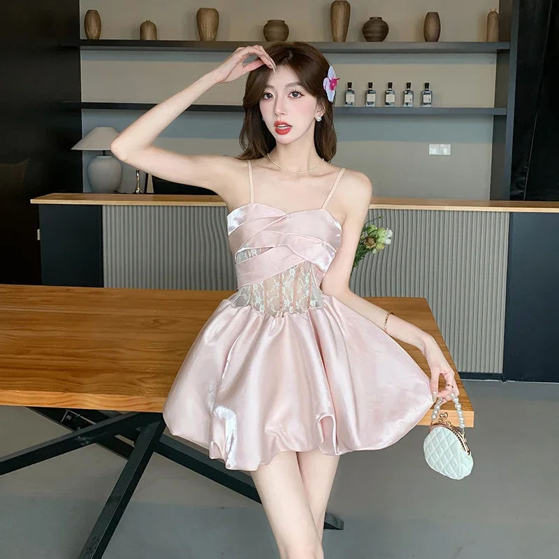 甘いきらめくサテンドレス、きらびやかなスカート、実際のショット、純粋な要求スタイル、高品質のセンス、小さなフォーマルなドレス、夏の新しいモデル